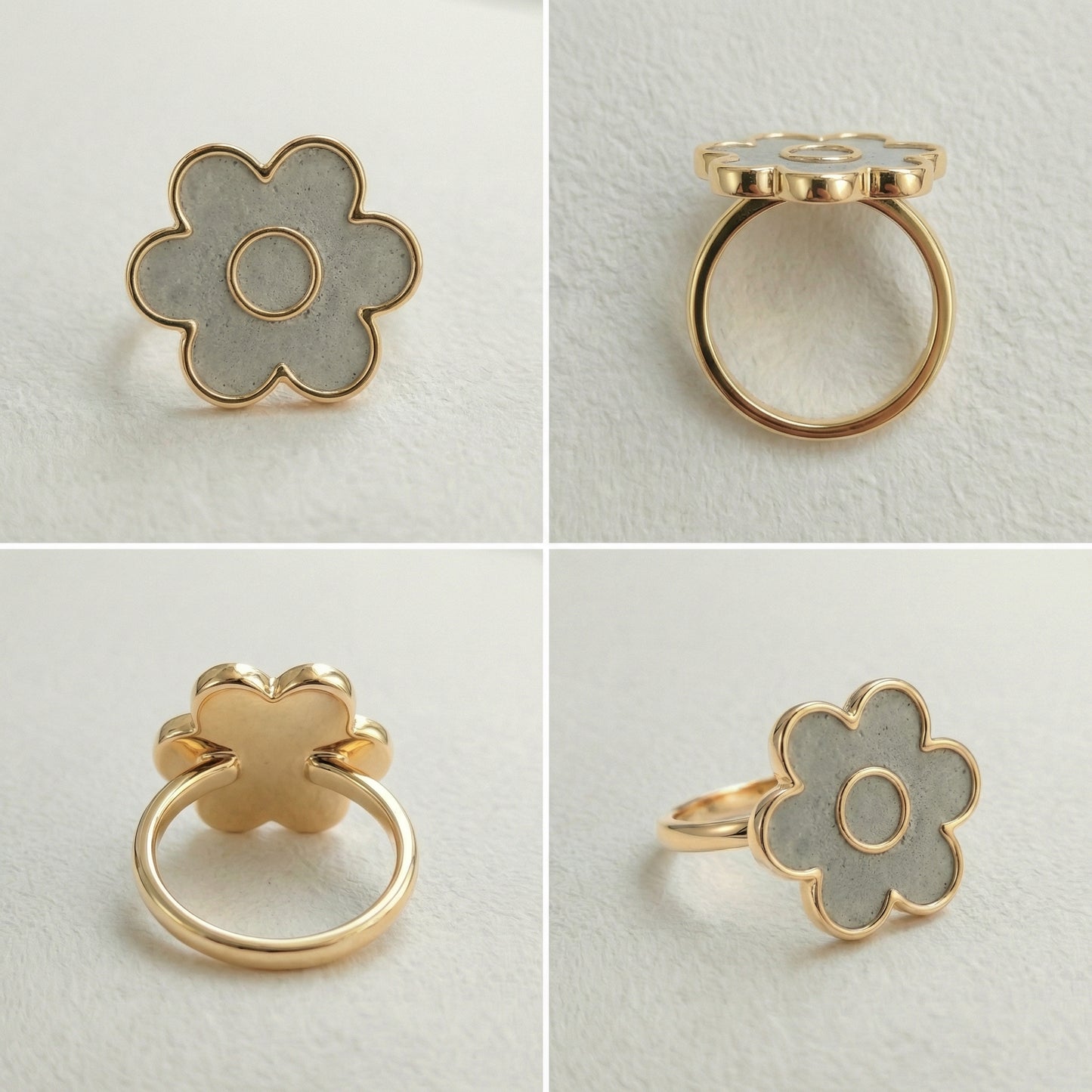 Flower-shaped rings with gold in different views