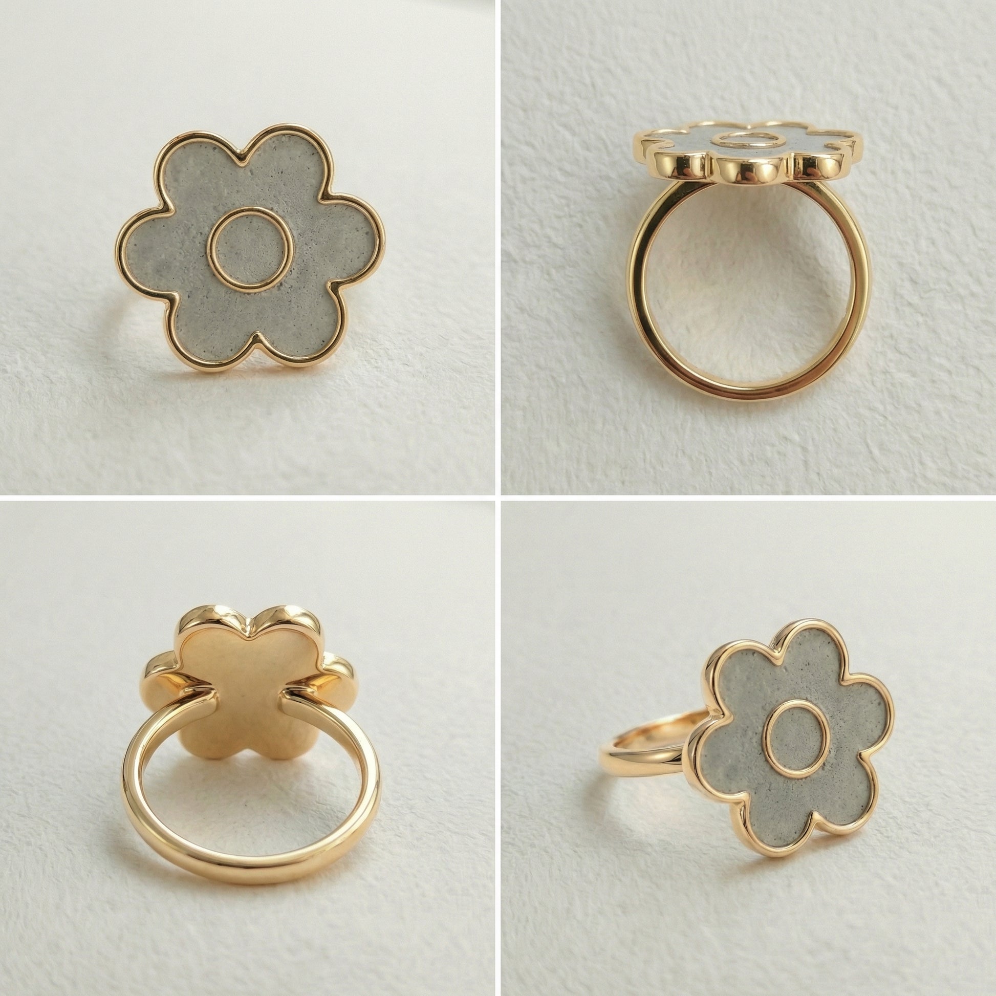 Flower-shaped rings with gold in different views