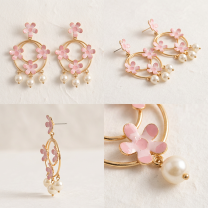 different views of Pair of floral earrings with pink flowers and pearls
