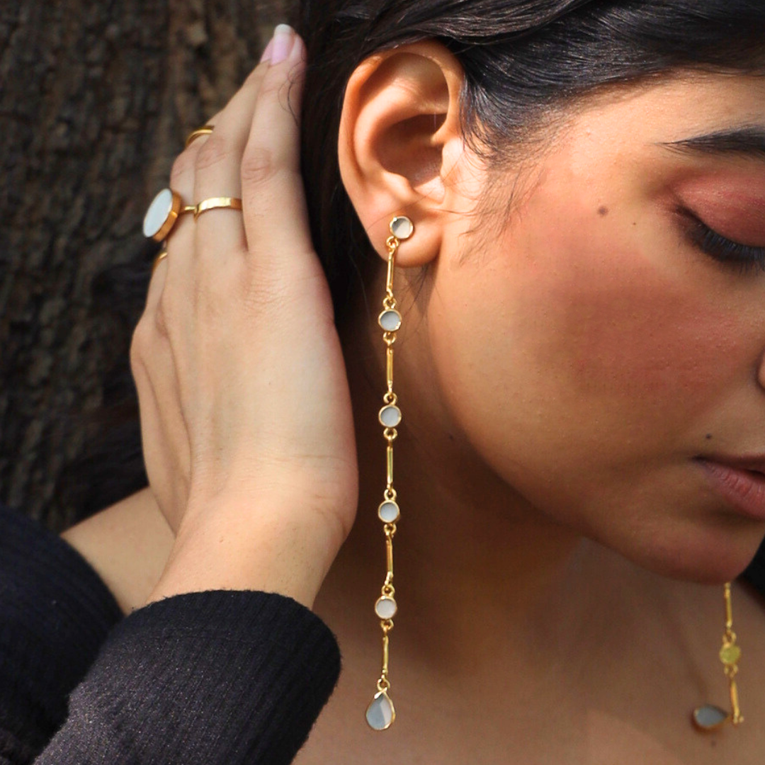 Model in meher cement filled shoulder touching earrings