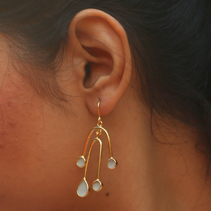 Close-up of an ear wearing a gold earring with dangling elements.