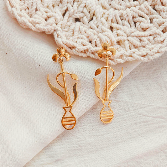Gold-plated Floral Earrings with Leaf and Vase Design