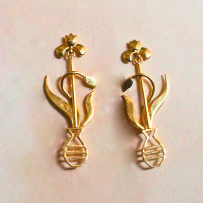 Gold-plated Floral Earrings with Leaf and Vase Design