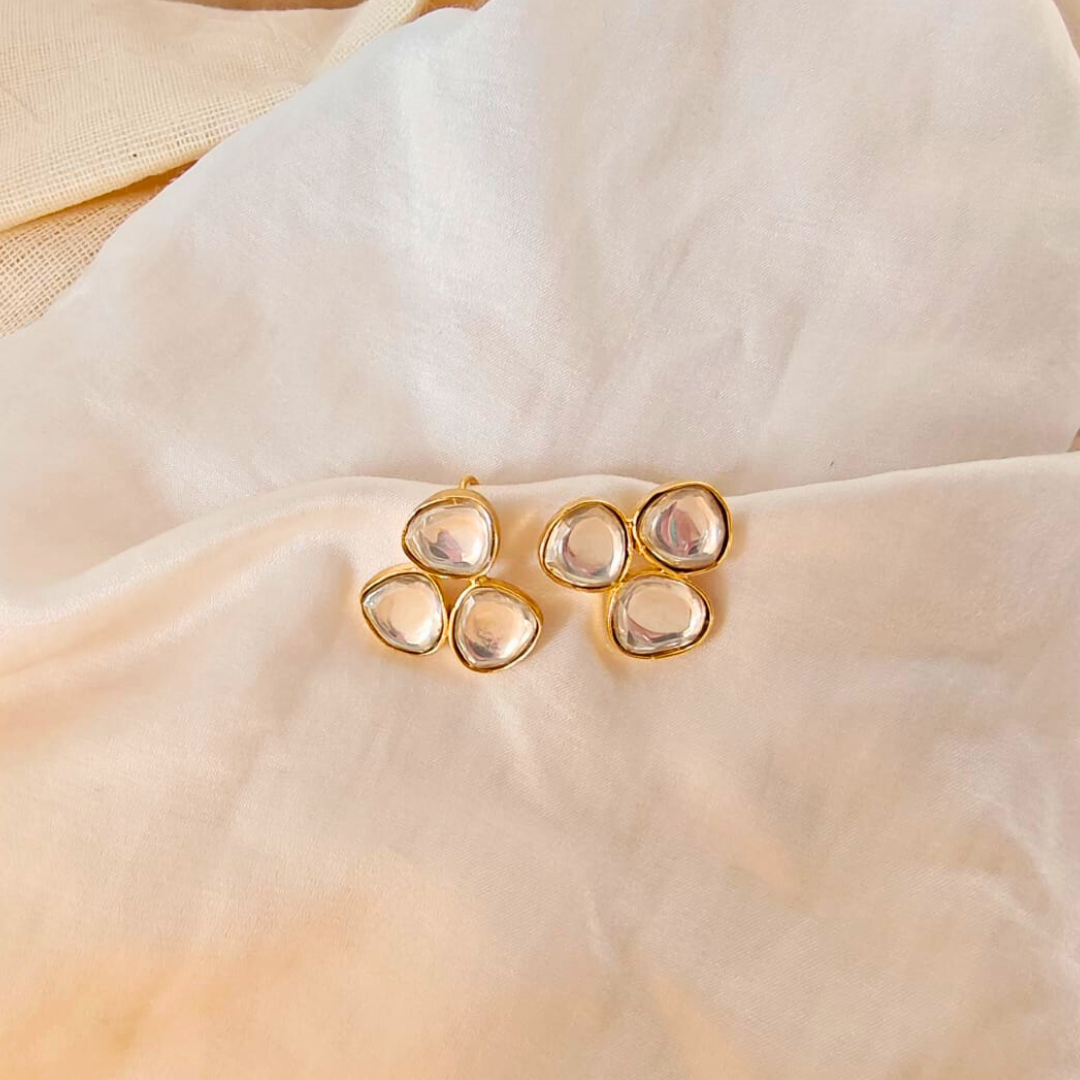 Kundan stud earrings with 18k rhodium gold finish, perfect for weddings or everyday luxury