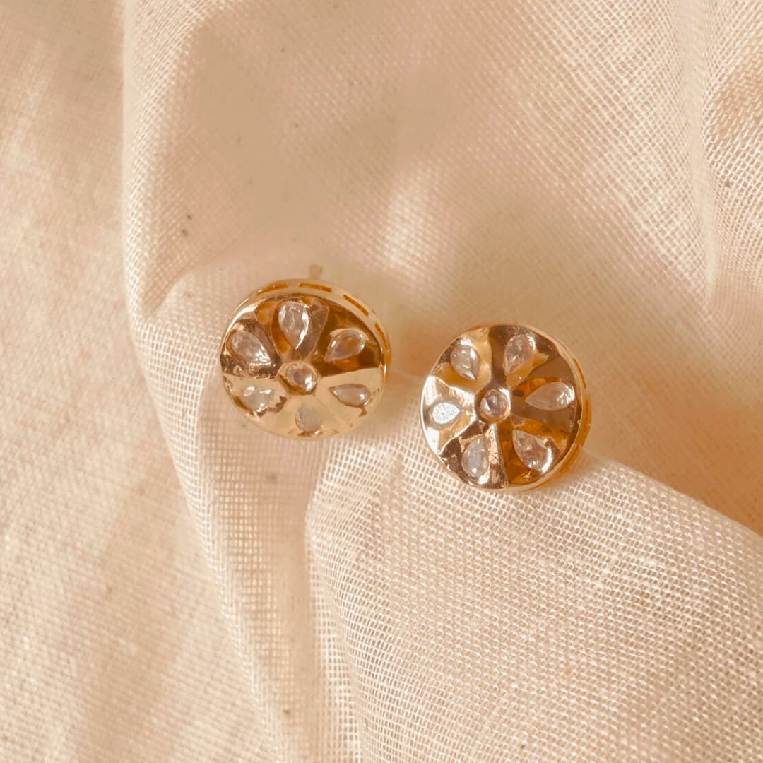 Brass Kundan mini stud earrings with 18K gold rhodium plating and traditional Kundan stones