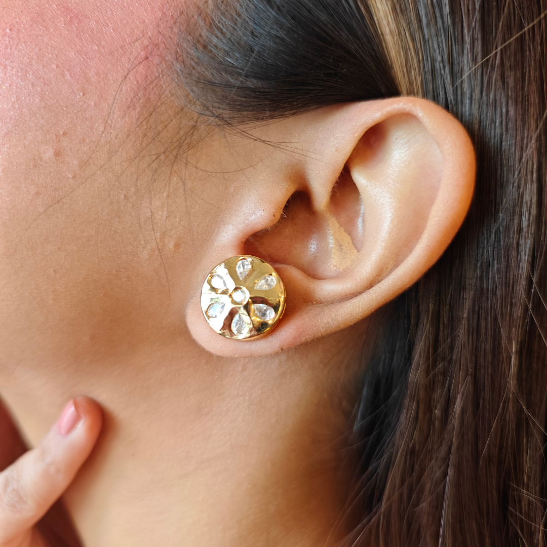 Brass Kundan mini stud earrings with 18K gold rhodium plating and traditional Kundan stones