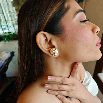 Brass Kundan mini stud earrings with 18K gold rhodium plating and traditional Kundan stones