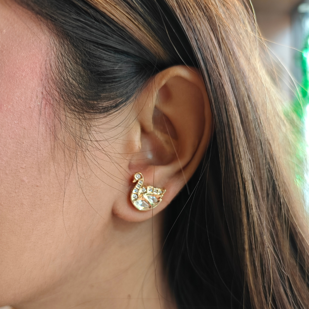Handmade brass swan Kundan studs with 18k gold rhodium finish and Kundan stone