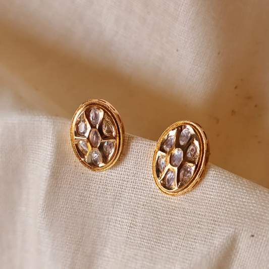 Handmade Oval Shape Kundan stud earrings in brass with 18K rhodium gold plating