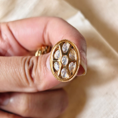 Handmade Oval Shape Kundan stud earrings in brass with 18K rhodium gold plating