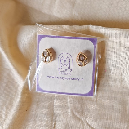 Handmade Drop Shape Kundan stud earrings in brass with 18K rhodium gold plating