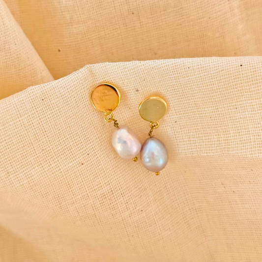 Golden Round Disk Pearl Drop Earrings Featuring Natural Freshwater Pearls and 18K Rhodium Gold Plating