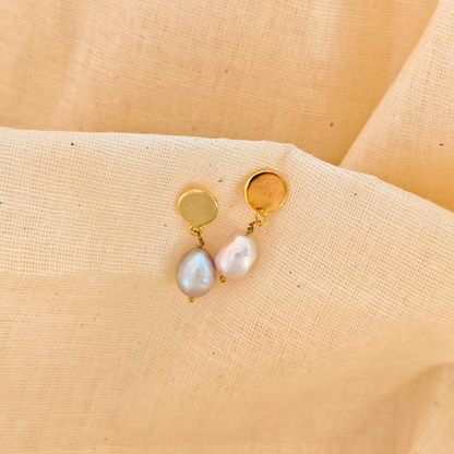 Golden Round Disk Pearl Drop Earrings Featuring Natural Freshwater Pearls and 18K Rhodium Gold Plating