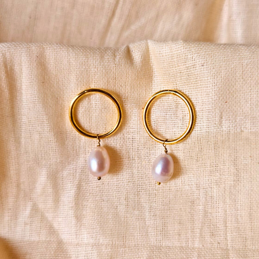 Gold Circular Hoop Earrings with Natural Freshwater Pearl Drops and 18K Rhodium Gold Plating