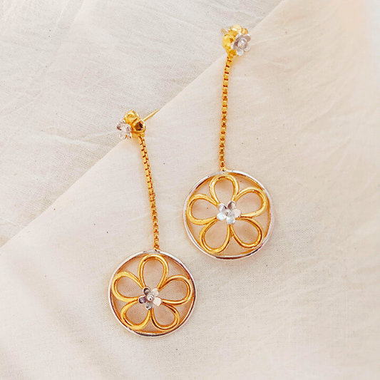 Gold Plated Dangling Earrings with Circular Floral Design and Silver-Plated Center