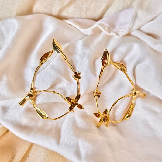 Gold Plated Earrings Featuring Intricate Floral, Leaf, and Bird Motifs