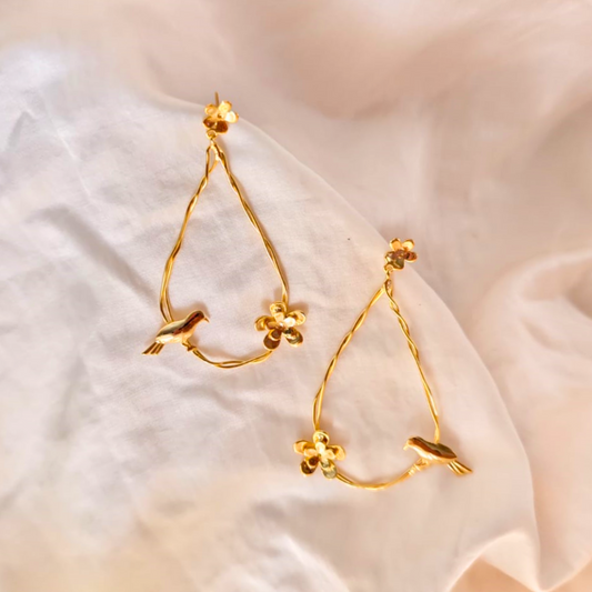 Gold Plated Teardrop Earrings with Twisted Wire Design, Adorned with Small Floral Accents and Perched Bird Motifs