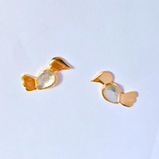 A pair of gold-plated bird-shaped stud earrings with faux kundan stones forming the body, handcrafted in brass 