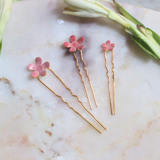 Set of three Pink Flower Enamel Hair Pins with delicate blush pink enamel flowers on gold-toned brass pins