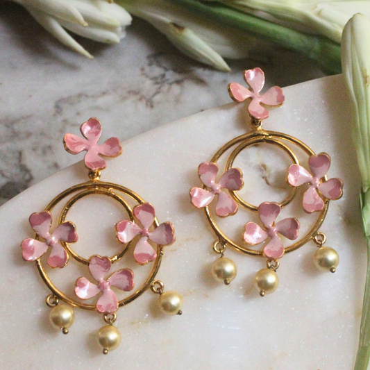 Pink Enamel & Small Pearl Dangler Earrings featuring blush pink floral motifs on dual gold hoops, accented with three dangling faux pearls