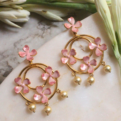 Pink Enamel & Small Pearl Dangler Earrings featuring blush pink floral motifs on dual gold hoops, accented with three dangling faux pearls