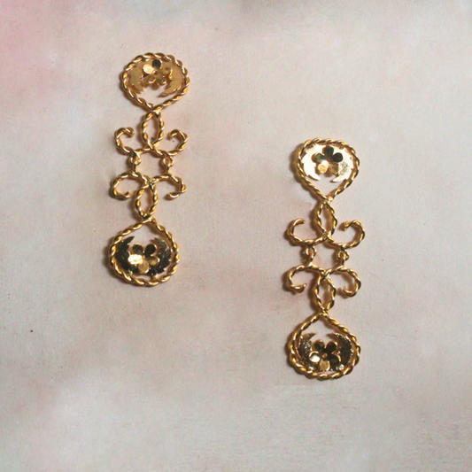 Gold-plated brass earrings with twisted rope detailing and delicate floral accents, forming a cascading silhouette