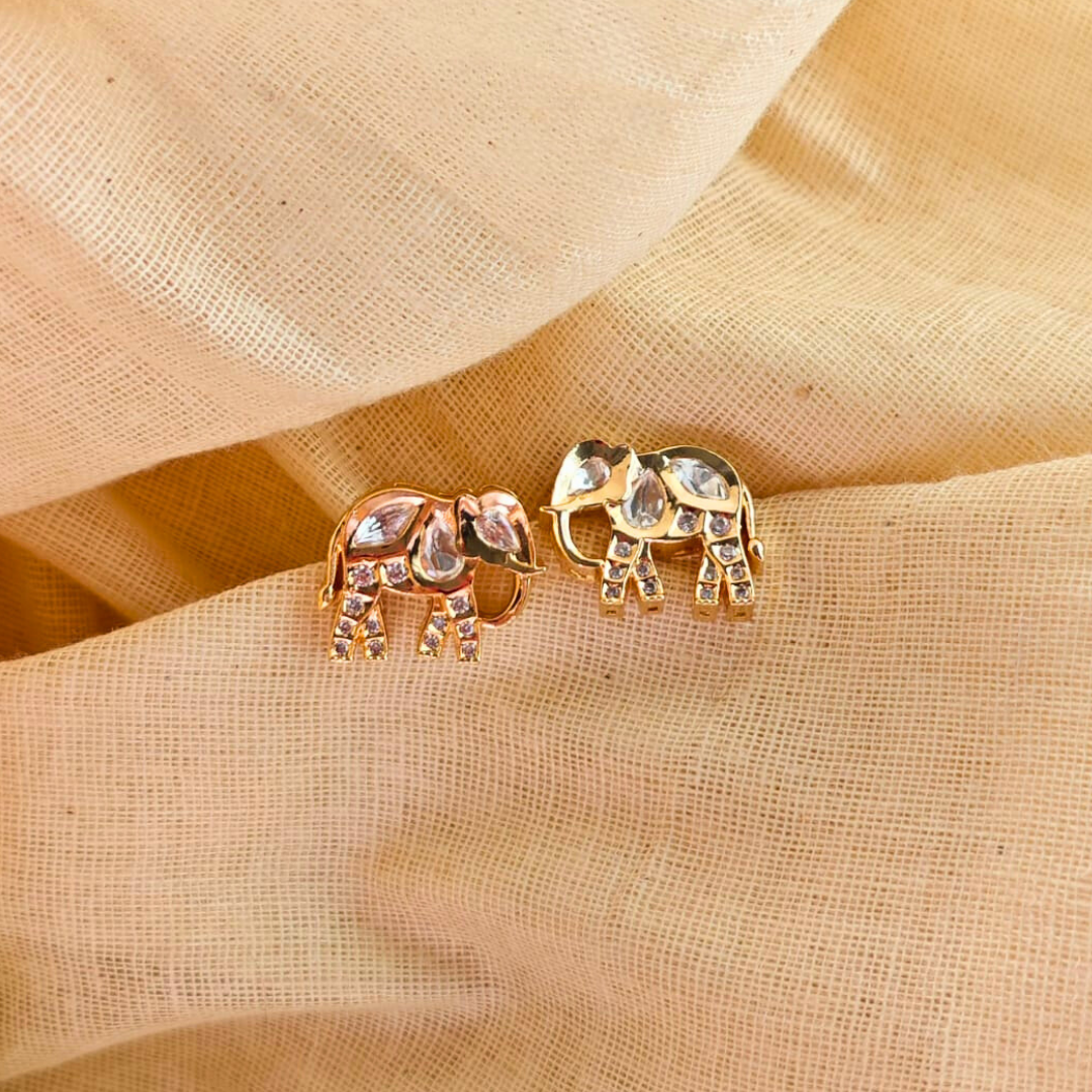 Handmade brass elephant Kundan studs with 18k gold rhodium finish and Kundan stone
