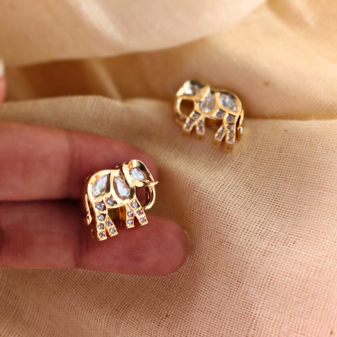 Handmade brass elephant Kundan studs with 18k gold rhodium finish and Kundan stone