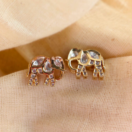 Handmade brass elephant Kundan studs with 18k gold rhodium finish and Kundan stone