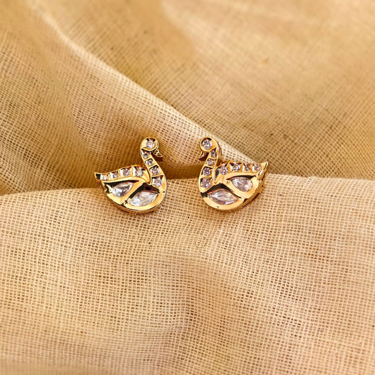 Handmade brass swan Kundan studs with 18k gold rhodium finish and Kundan stone