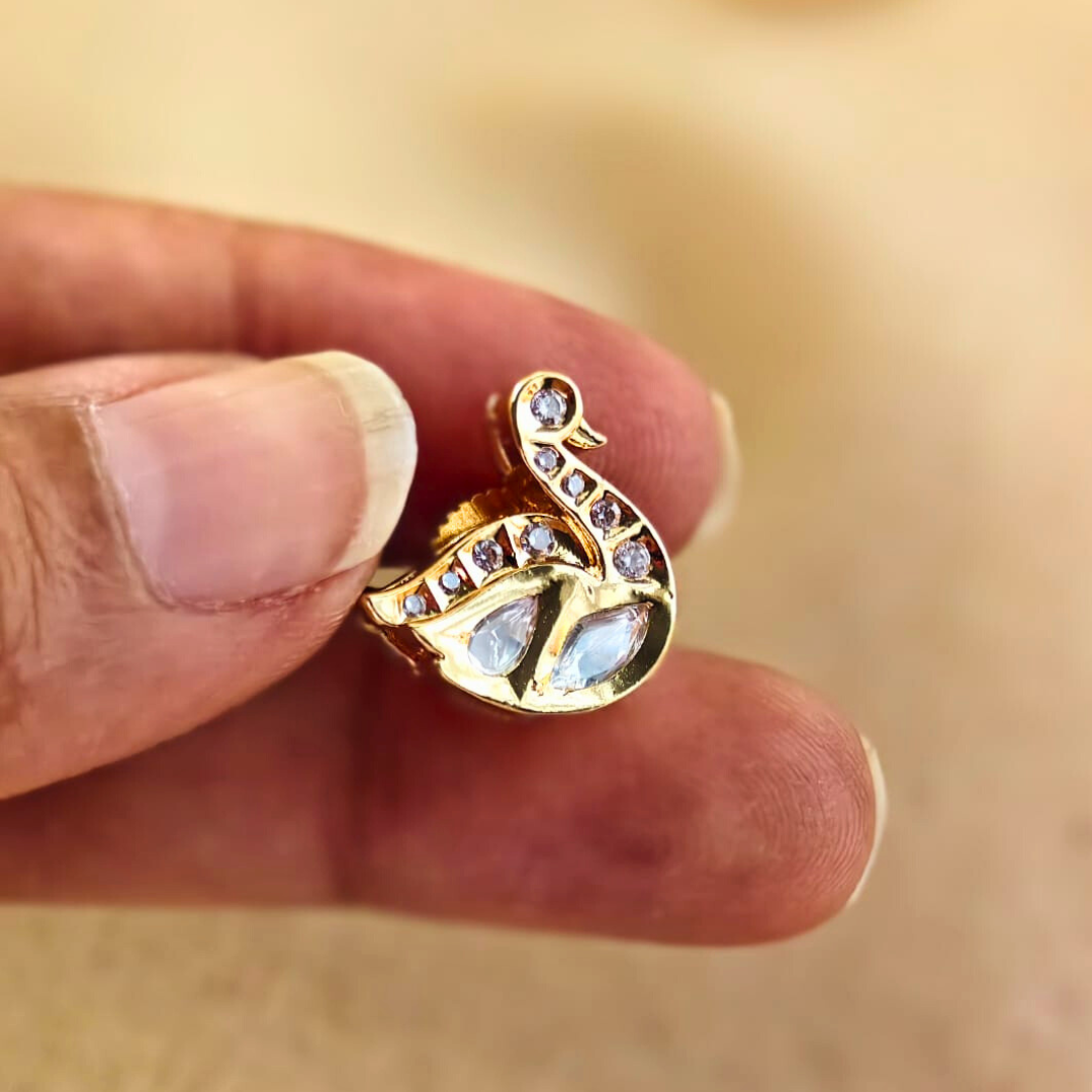 Handmade brass swan Kundan studs with 18k gold rhodium finish and Kundan stone