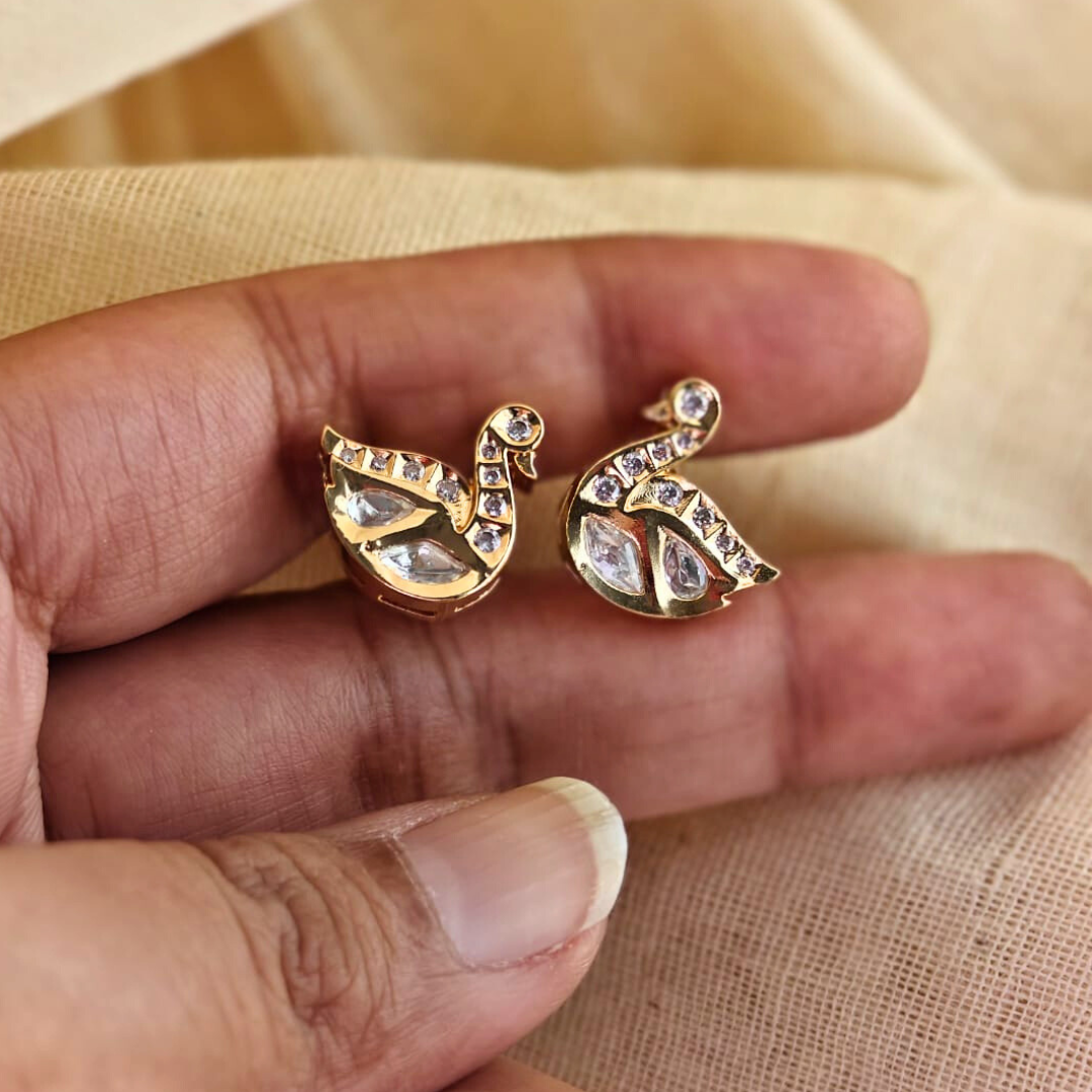 Handmade brass swan Kundan studs with 18k gold rhodium finish and Kundan stone