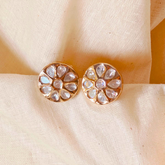 Handmade brass disk Kundan studs with gold rhodium finish and Kundan stone