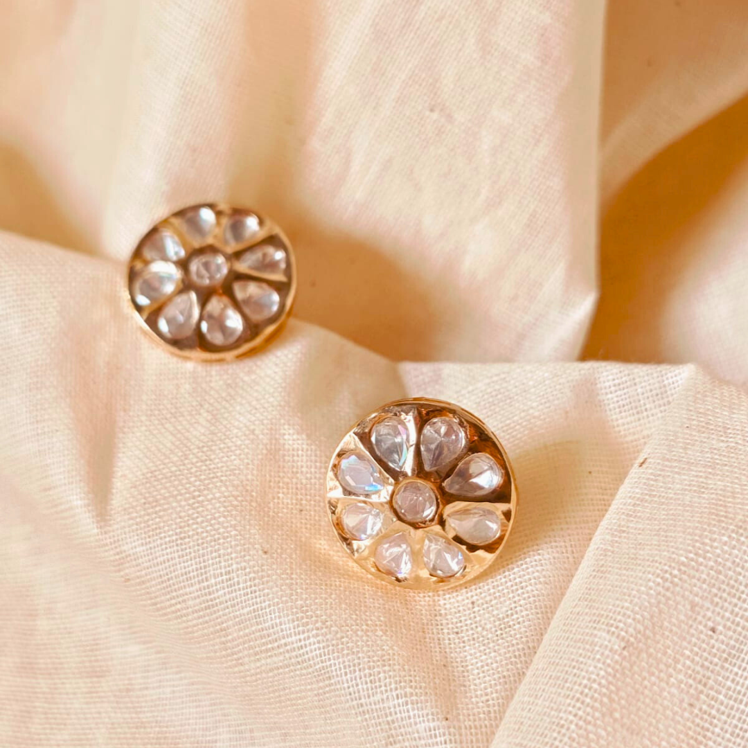Handmade brass disk Kundan studs with gold rhodium finish and Kundan stone