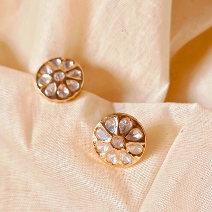 Handmade brass disk Kundan studs with gold rhodium finish and Kundan stone