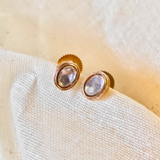 Handmade brass single stone Kundan studs with gold rhodium finish and Kundan stone