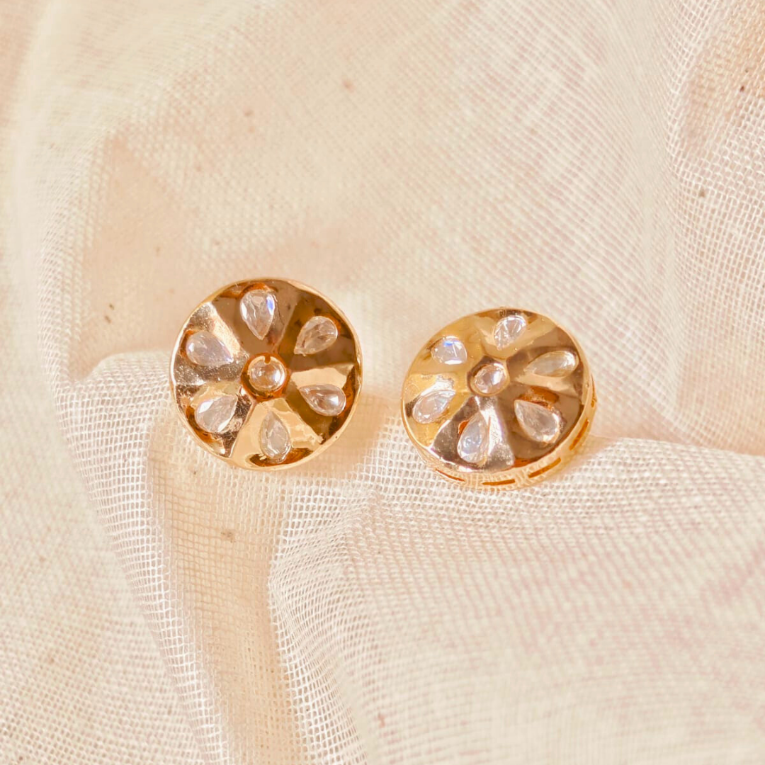 Brass Kundan mini stud earrings with 18K gold rhodium plating and traditional Kundan stones