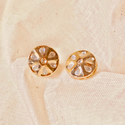 Brass Kundan mini stud earrings with 18K gold rhodium plating and traditional Kundan stones