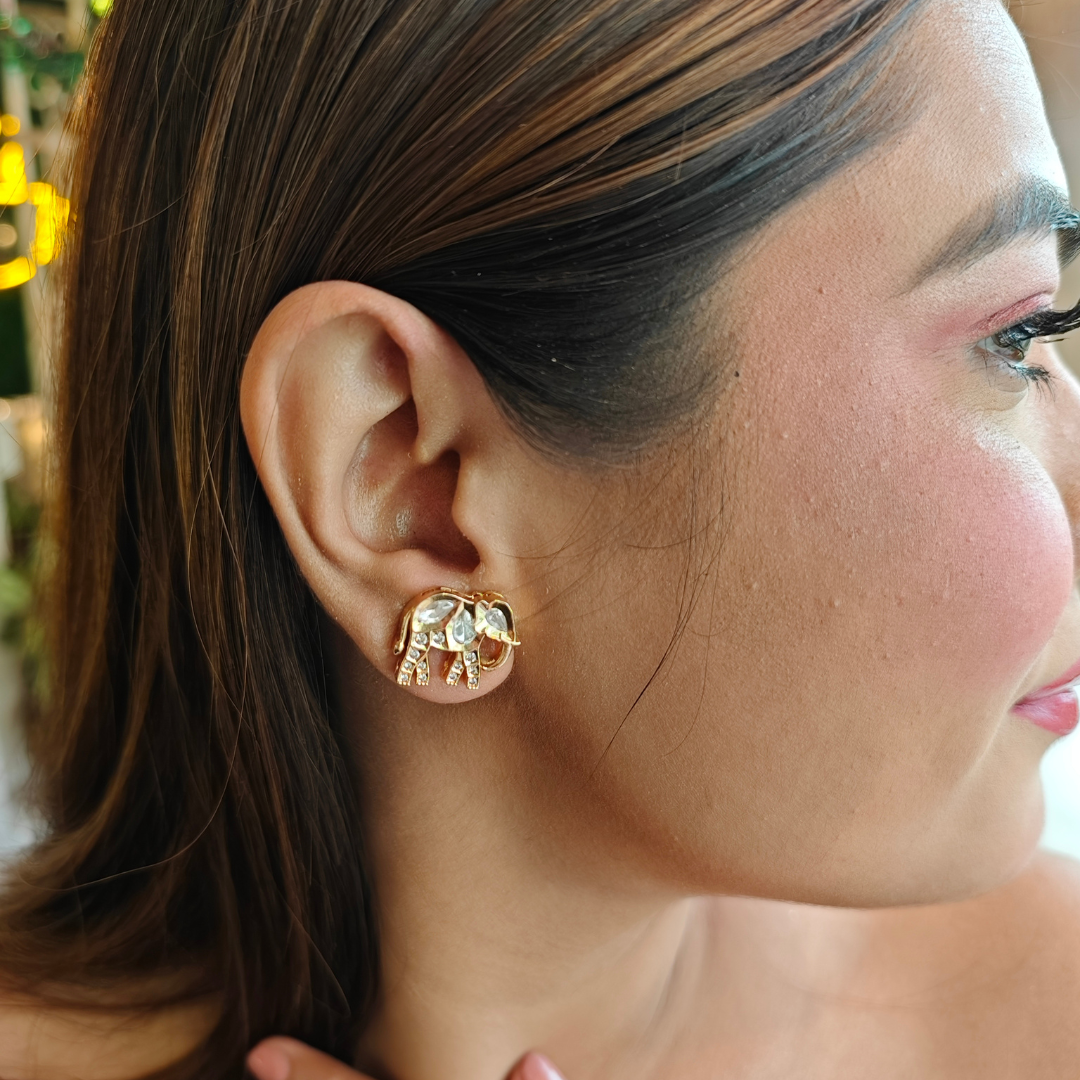 Handmade brass elephant Kundan studs with 18k gold rhodium finish and Kundan stone