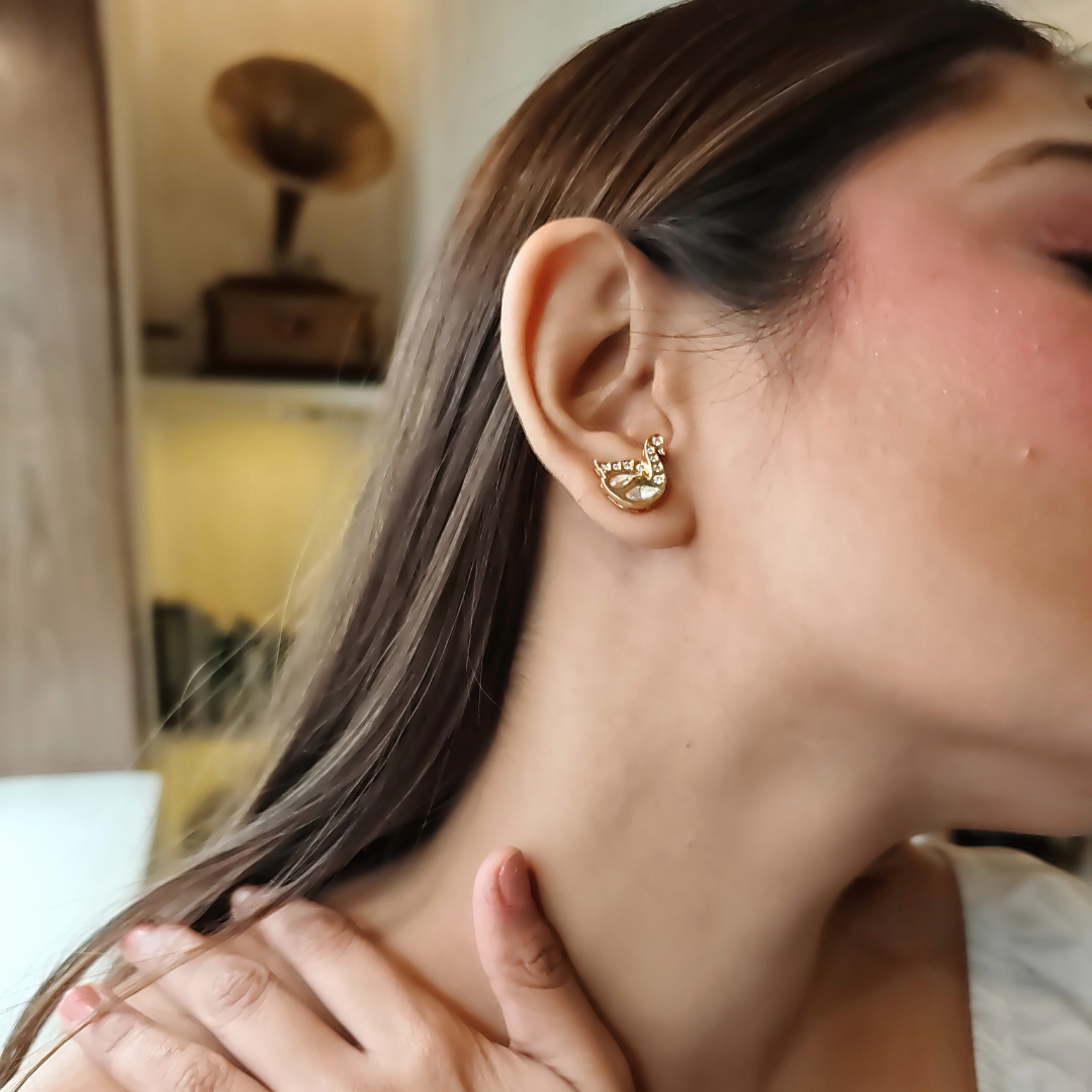 Handmade brass swan Kundan studs with 18k gold rhodium finish and Kundan stone