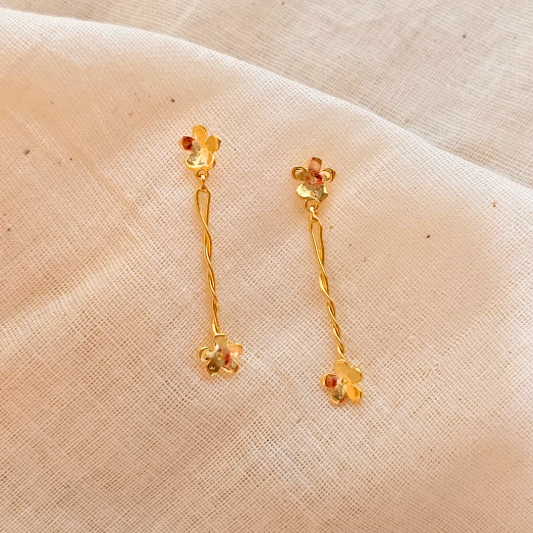 Brass floral earrings with 18K rhodium gold plating, twin blossoms and gentle sway