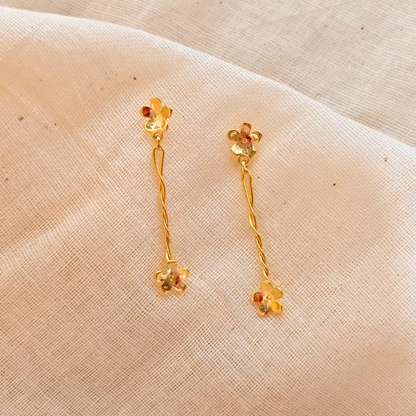 Brass floral earrings with 18K rhodium gold plating, twin blossoms and gentle sway