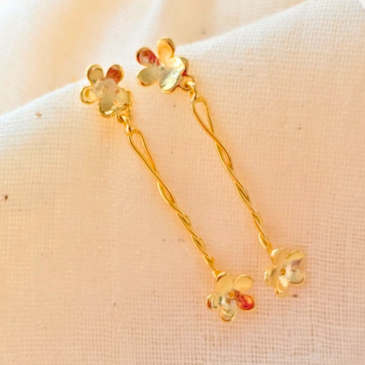 Brass floral earrings with 18K rhodium gold plating, twin blossoms and gentle sway