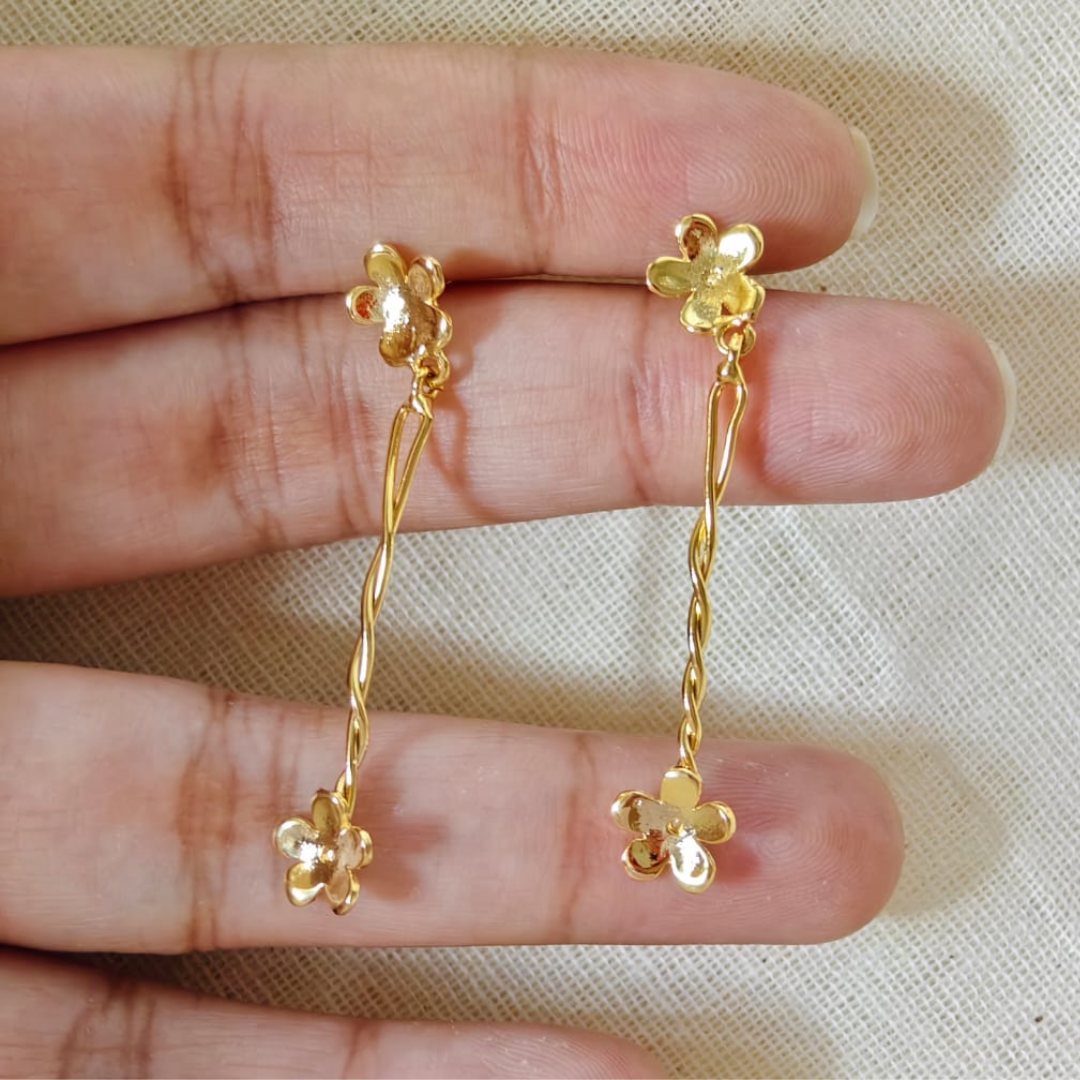 Brass floral earrings with 18K rhodium gold plating, twin blossoms and gentle sway