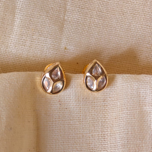 Handmade Drop Shape Kundan stud earrings in brass with 18K rhodium gold plating