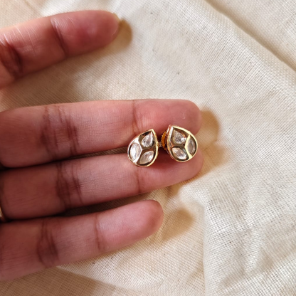 Handmade Drop Shape Kundan stud earrings in brass with 18K rhodium gold plating
