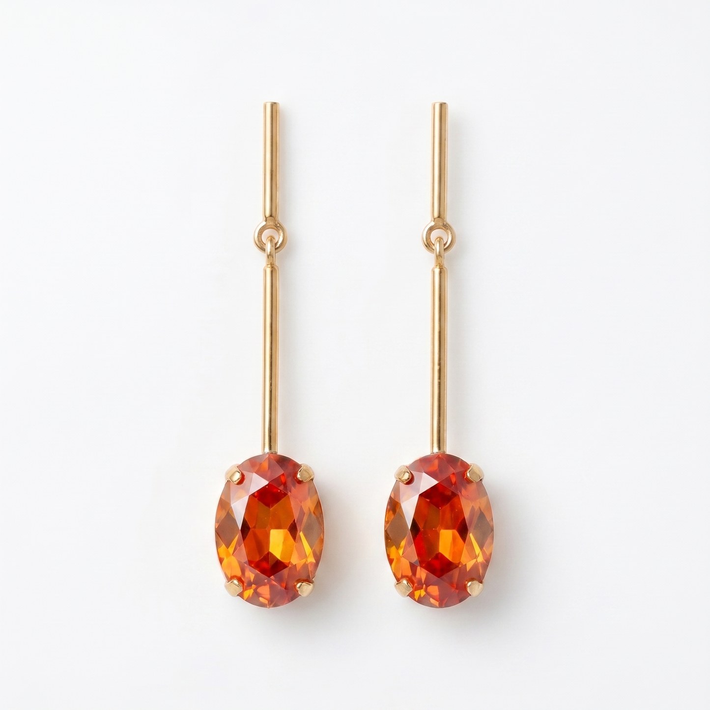 Orange oval CZ stone gold bar drop earrings front view on white background – KANSYA