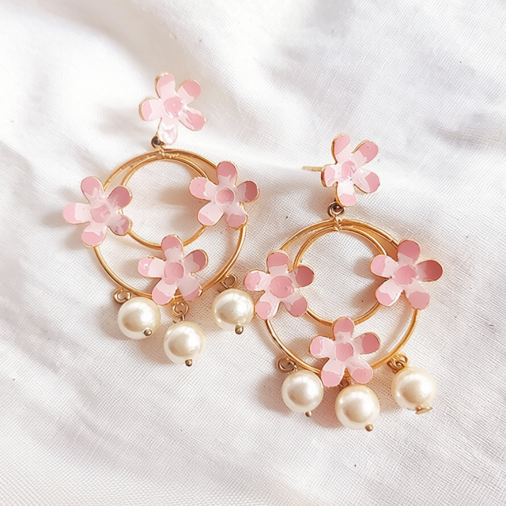 Pair of floral earrings with pink flowers and pearls on a white fabric background