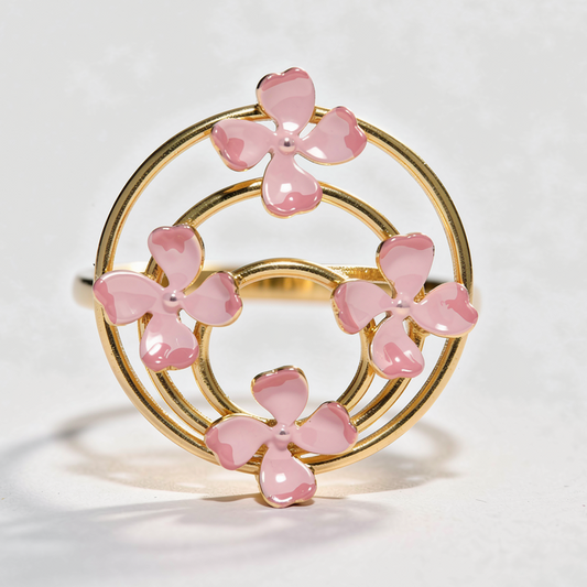 Gold plated ring with pink floral enamel detailing