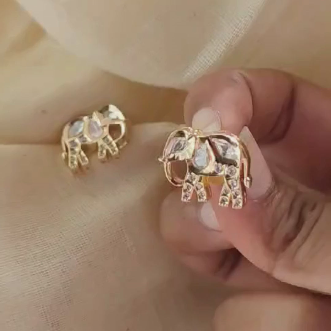 Handmade brass elephant Kundan studs with 18k gold rhodium finish and Kundan stone